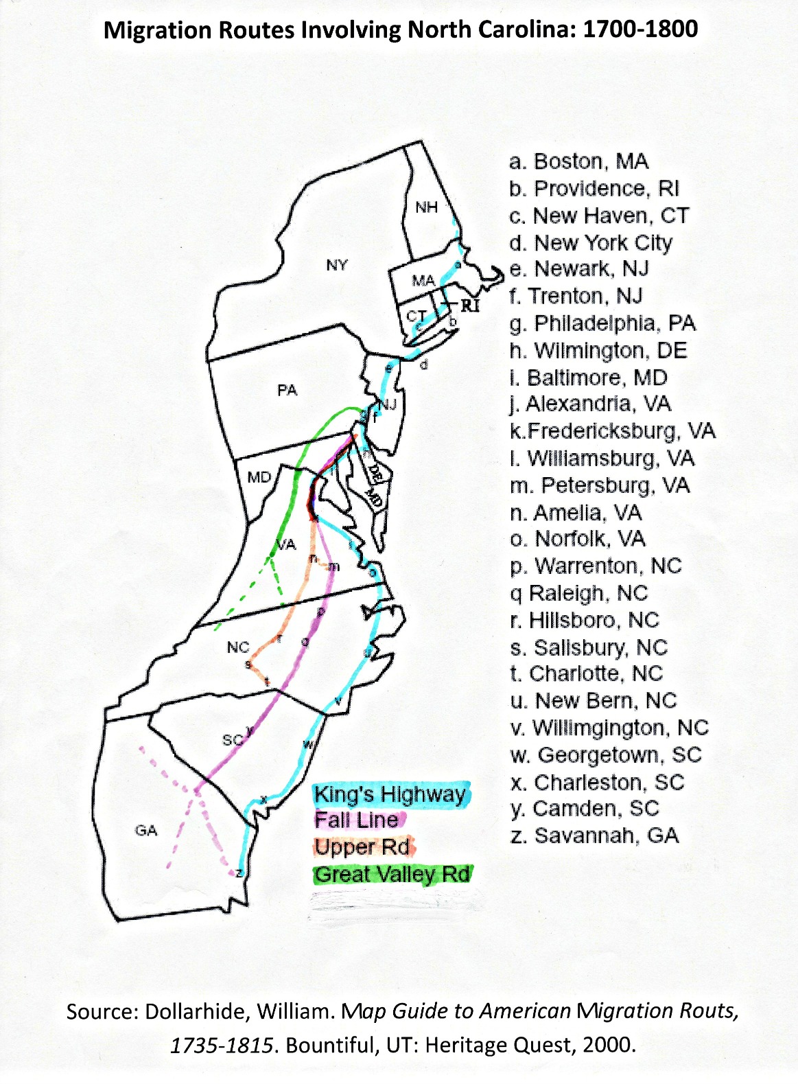 Map of major colonial migration routes in NC